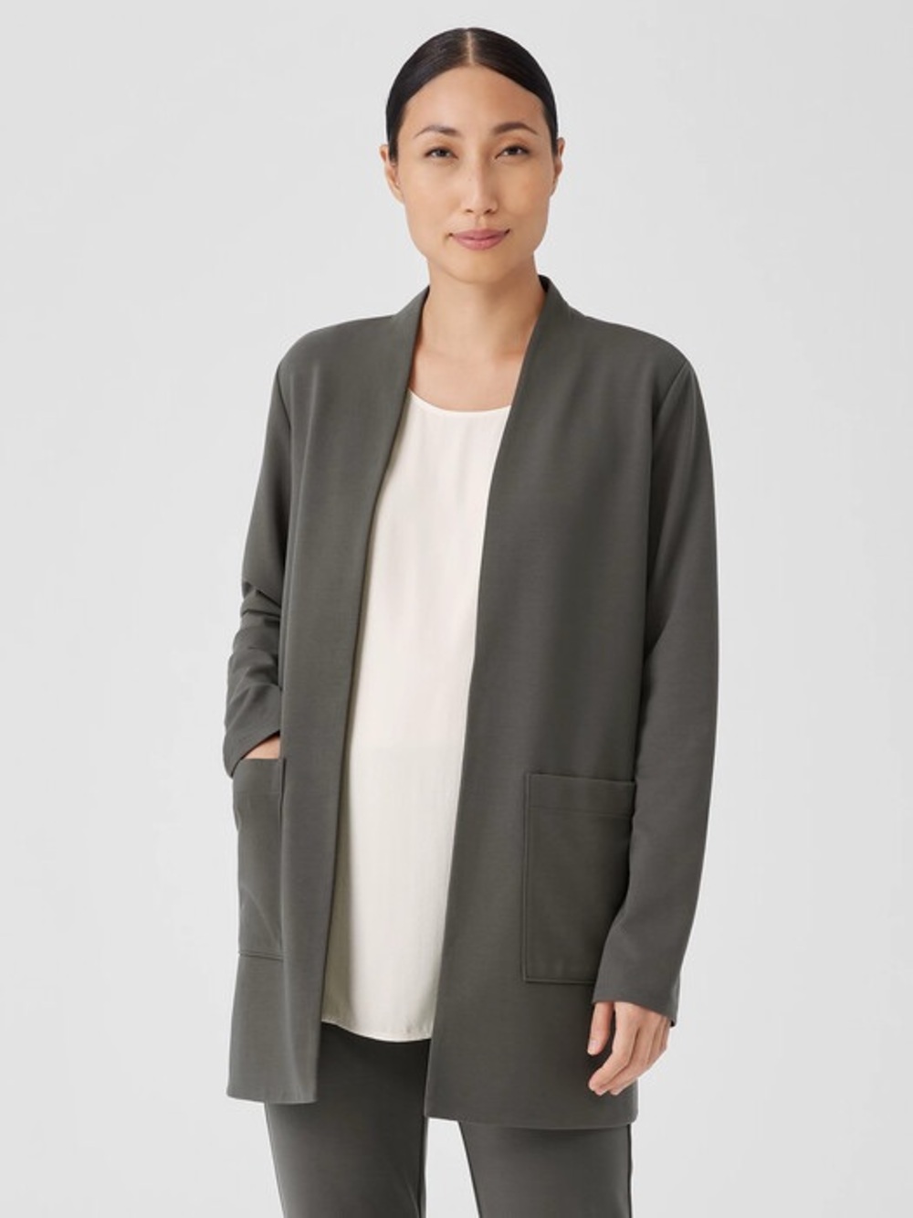 Eileen Fisher Washable Flex Ponte High Collar Jacket In Green Size Large Petite